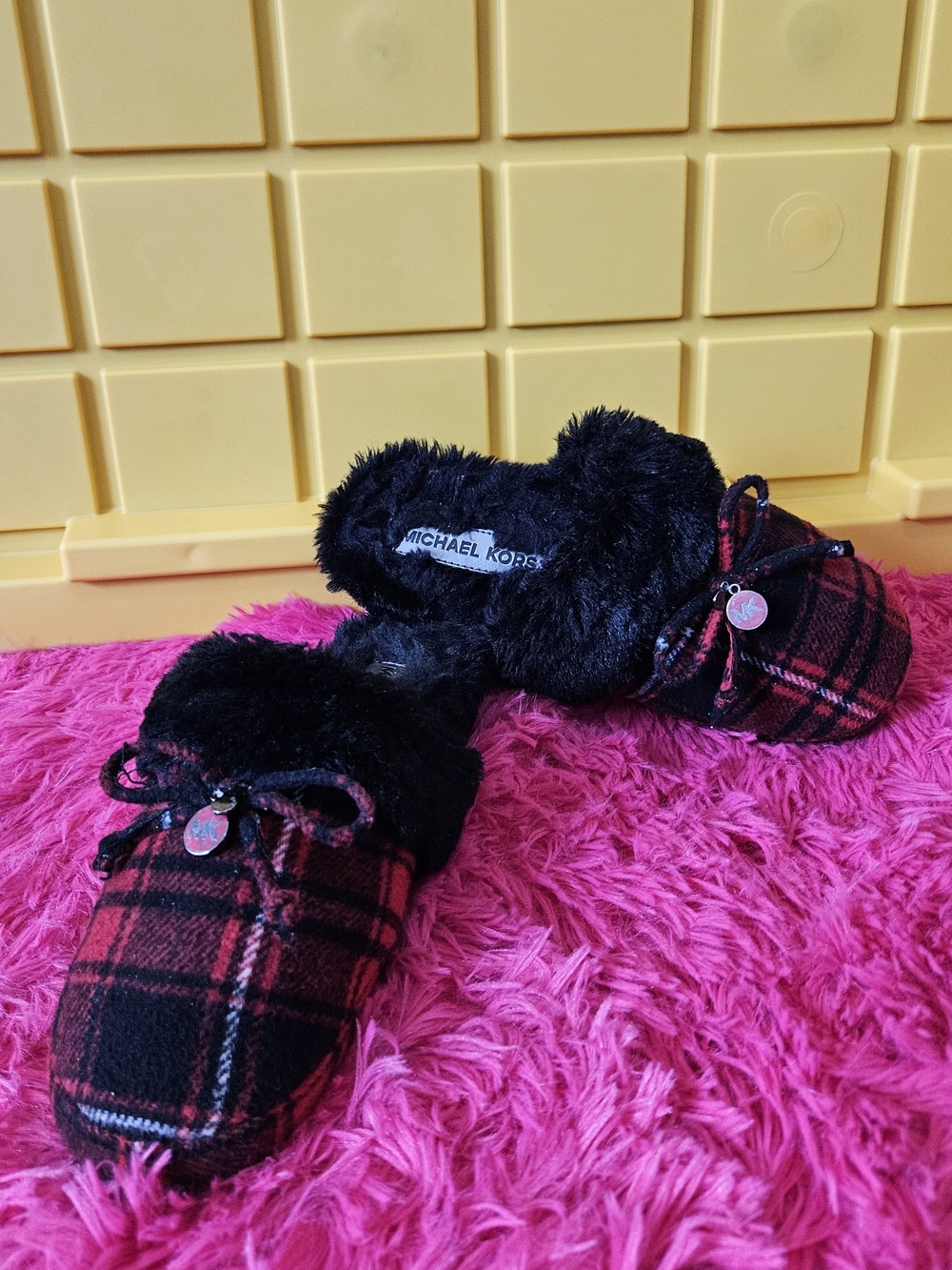 Michael Kors Black and Red Plaid Faux-Fur Slip-On Slippers